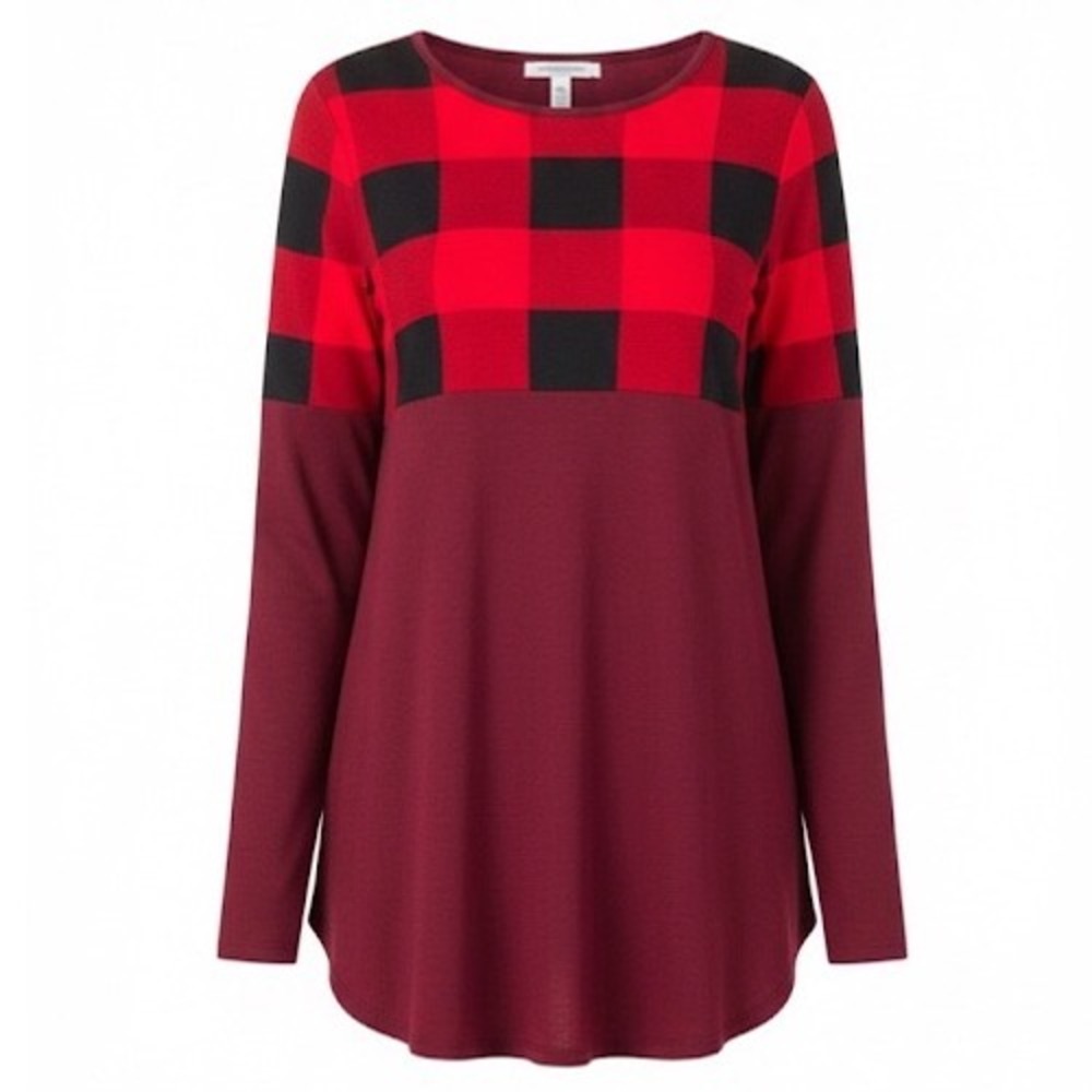 Zenana Plaid colorblock red‎ blk burgandy long sleeve women's Medium RT-43034